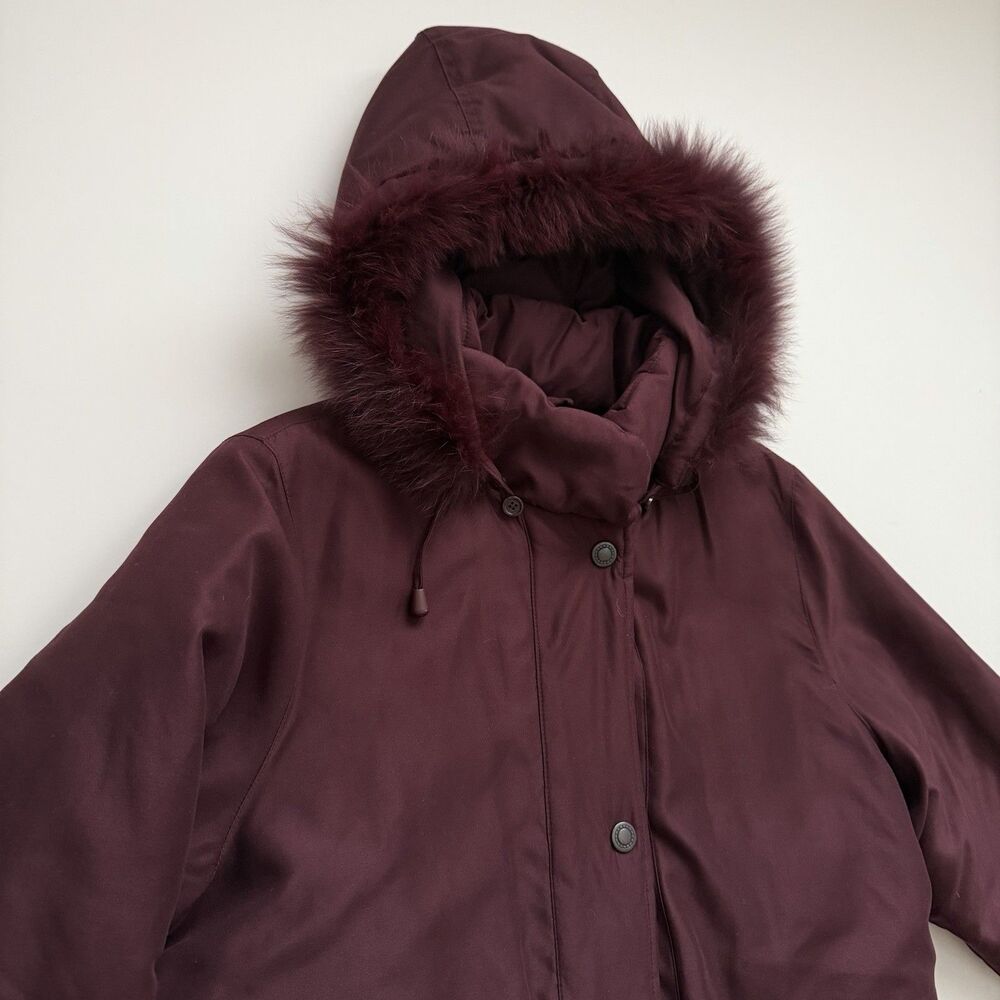 Charles Klein Women’s Burgundy Down Parka Coat Hooded Faux Fur Trim Long L